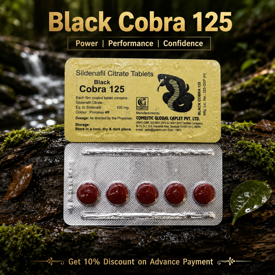 Black Cobra 125 Sildenafil 100mg Combitic Indian generic tablets with five-tablet blister strip