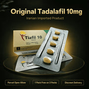 Tiafil 10mg Tadalafil blister packs and a box displayed on a reflective black surface with text reading 'Original Tadalafil 10mg Iranian Imported Product'