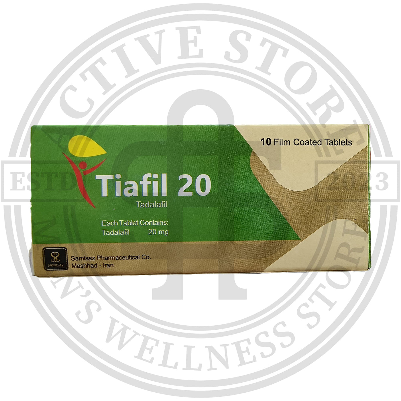 Front of Tiafil 20mg Tadalafil 10 film-coated tablets box by Samisaz Iran