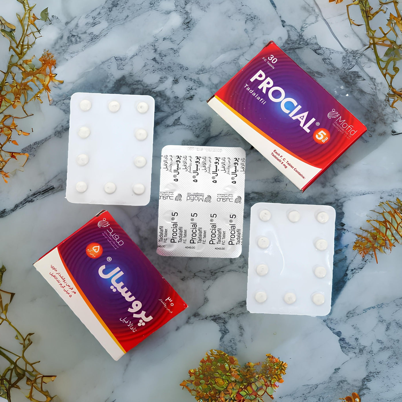 Procial 5mg Tadalafil box and scored tablet blister strips by Mofid Pharma