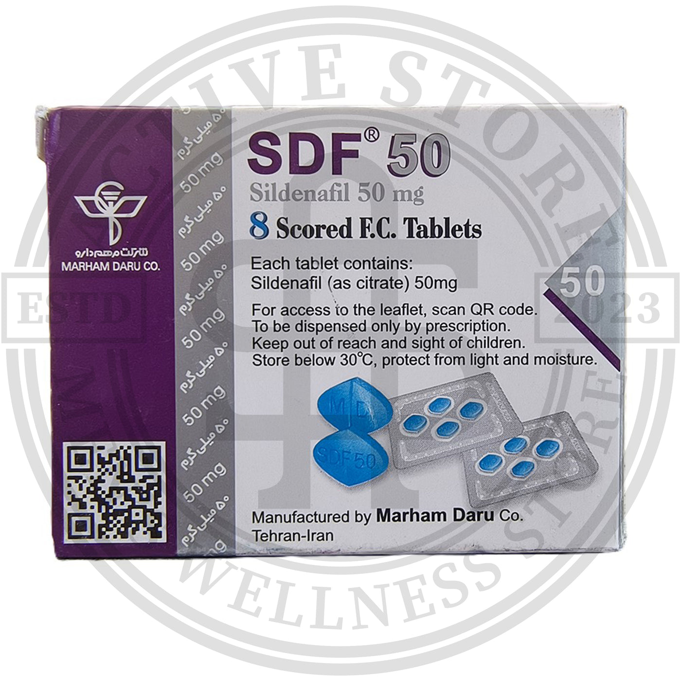 Back of Marham Daru SDF 50 Sildenafil 50mg eight scored tablets pack