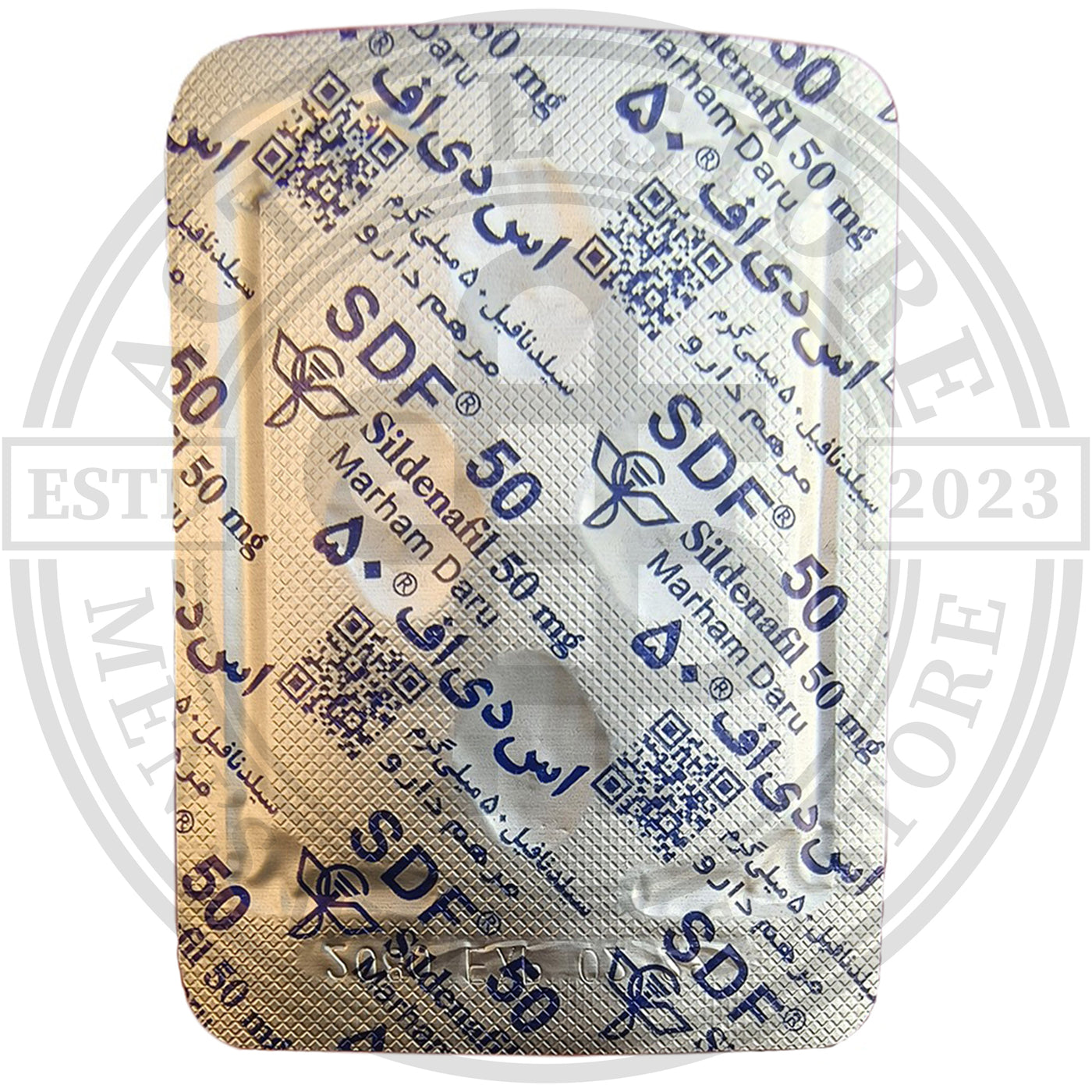Front foil of Marham Daru SDF 50 Sildenafil 50mg tablet blister pack