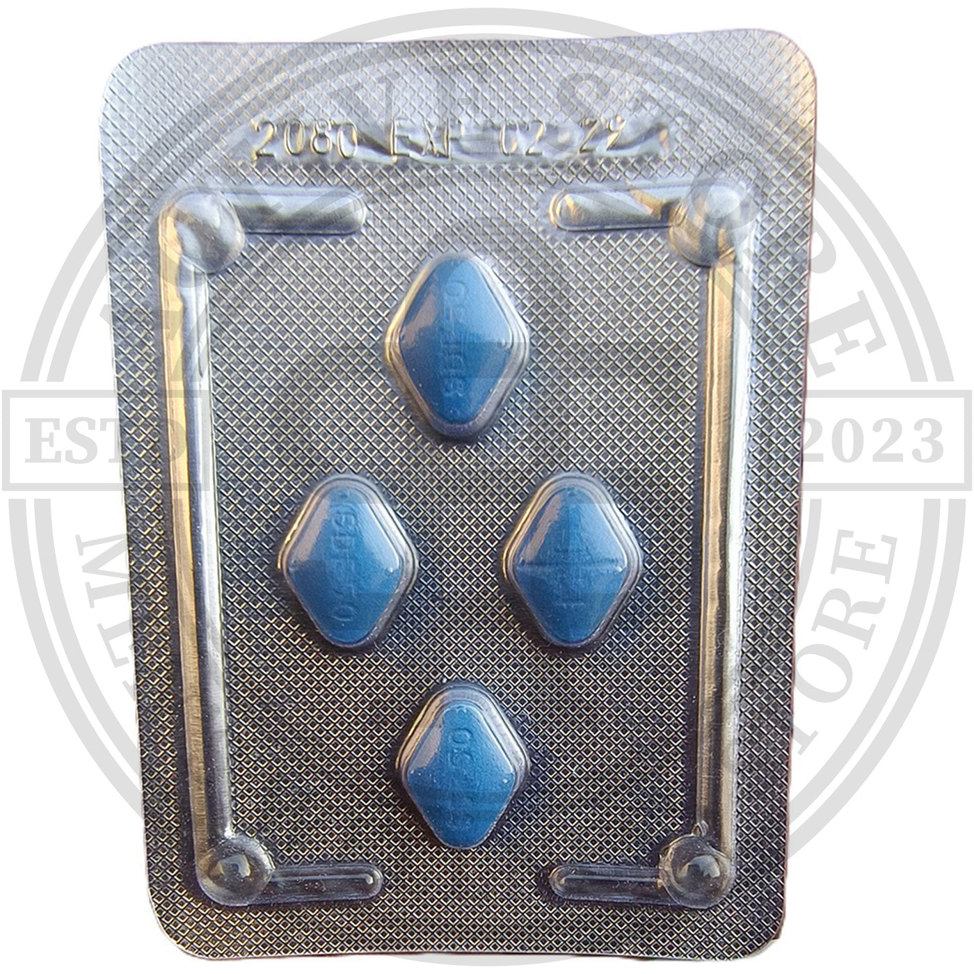 Back of SDF 50mg Sildenafil blister strip with four blue scored tablets