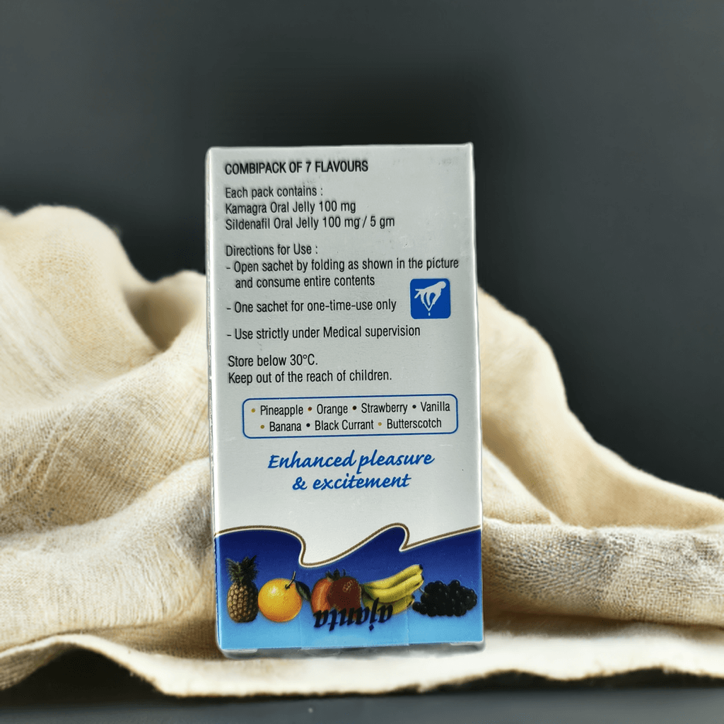 Back of Ajanta Kamagra Oral Jelly 100mg seven flavour Sildenafil jelly pack