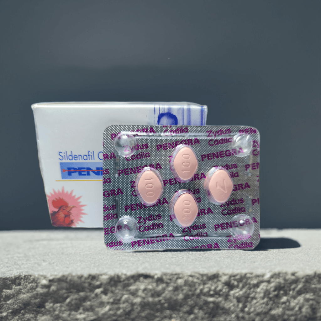 Penegra Zydus 100mg Sildenafil tablets box and 4-tablet blister pack