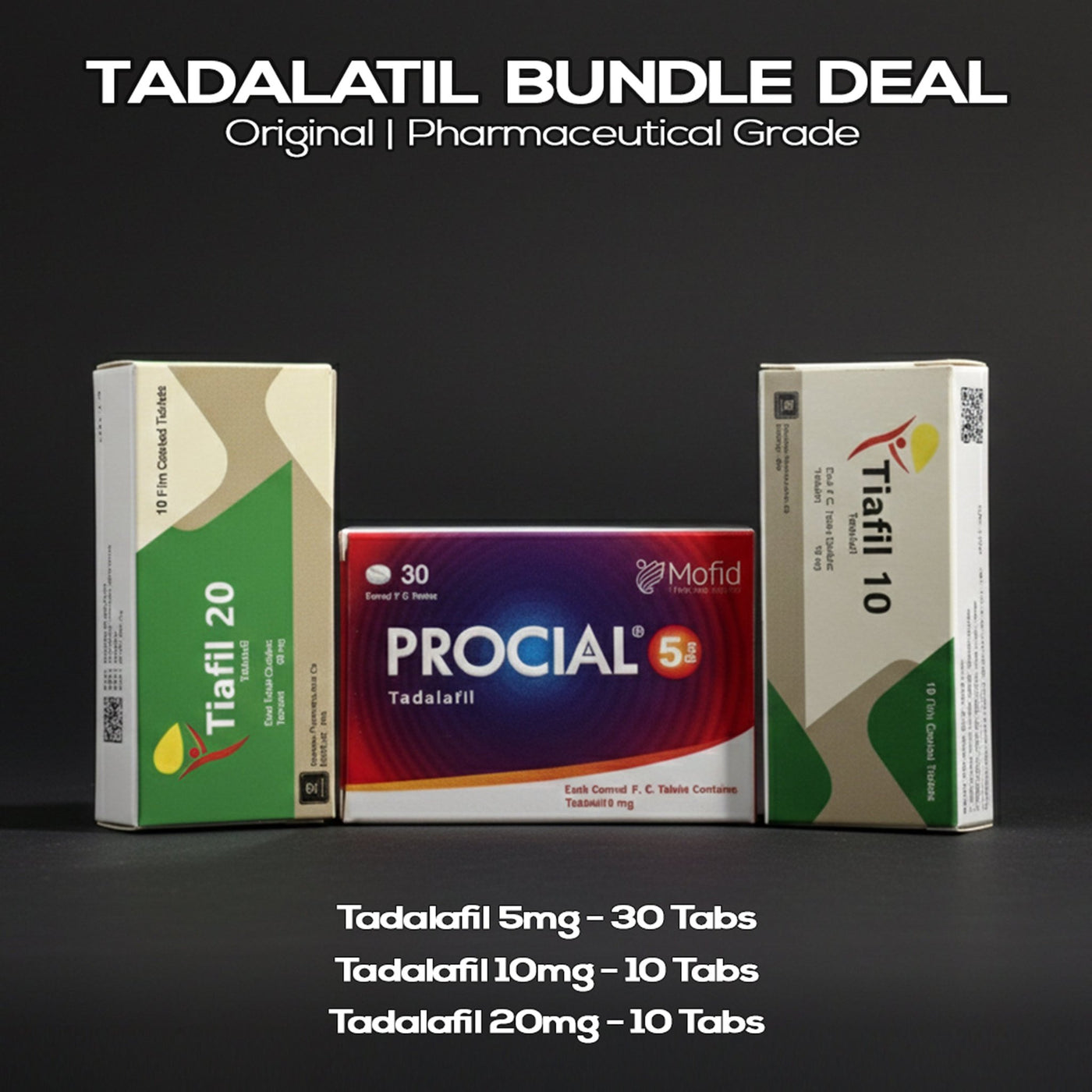 Tadalafil combo bundle with Procial 5mg, Tiafil 10mg and Tiafil 20mg Iranian tablets